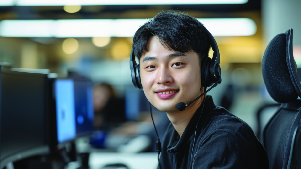 A Chinese guy wearing blackshirt and headphones